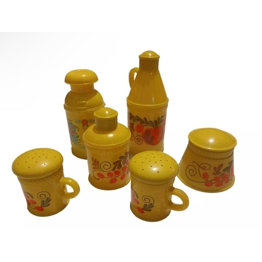 Vintage 70s Avon 6pc Pennsylvania Dutch Yellow Field Flowers Glass Folk Art